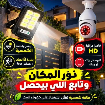 كاميرا مراقبة HD +كشاف طاقة شمسية — أمان ونور من غير فواتير