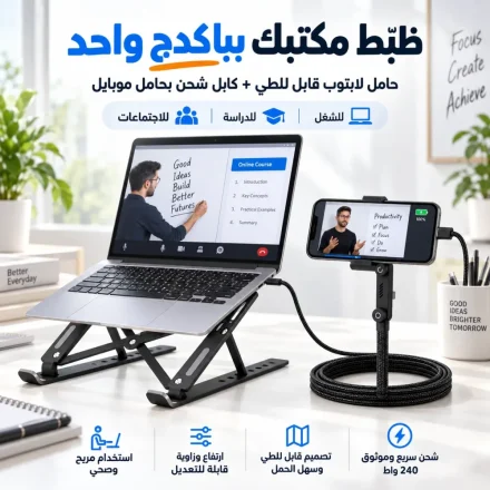 باكدج المكتب: حامل لاب توب اسود معدني قابل للطي + كيبل شحن 2 في 1 مع حامل غير مرئي